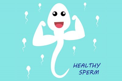 Zeichnung einer Spermazelle die lacht und die Armmuskeln anspannt, weitere Spermazellen schwimmen im Hintergrund